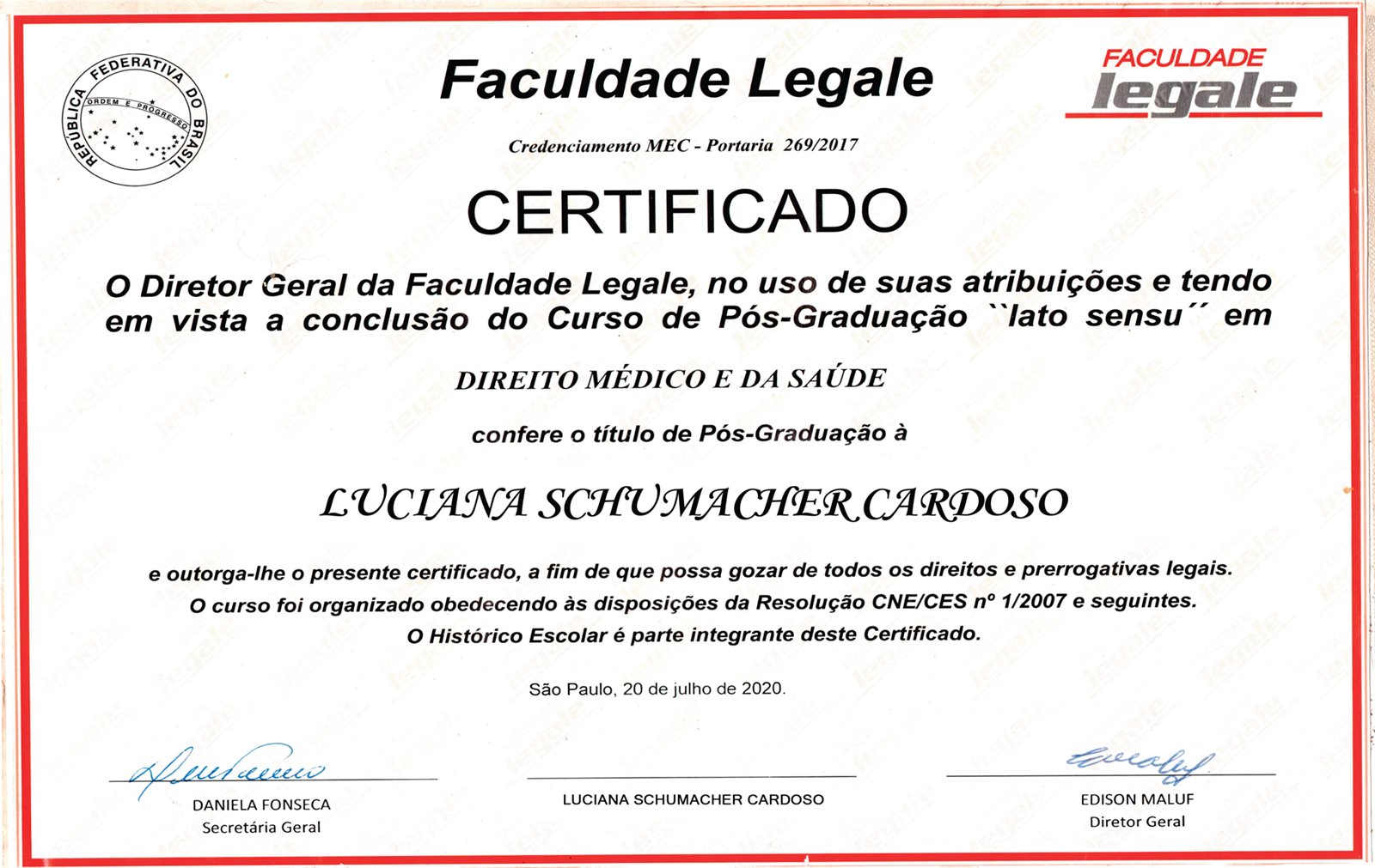 Certificado de Pós-Graduação em Direito Médico e da Saúde