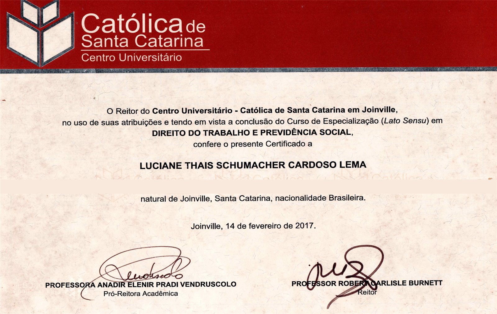Certificado de Pós-Graduação em Direito do Trabalho e Previdência Social